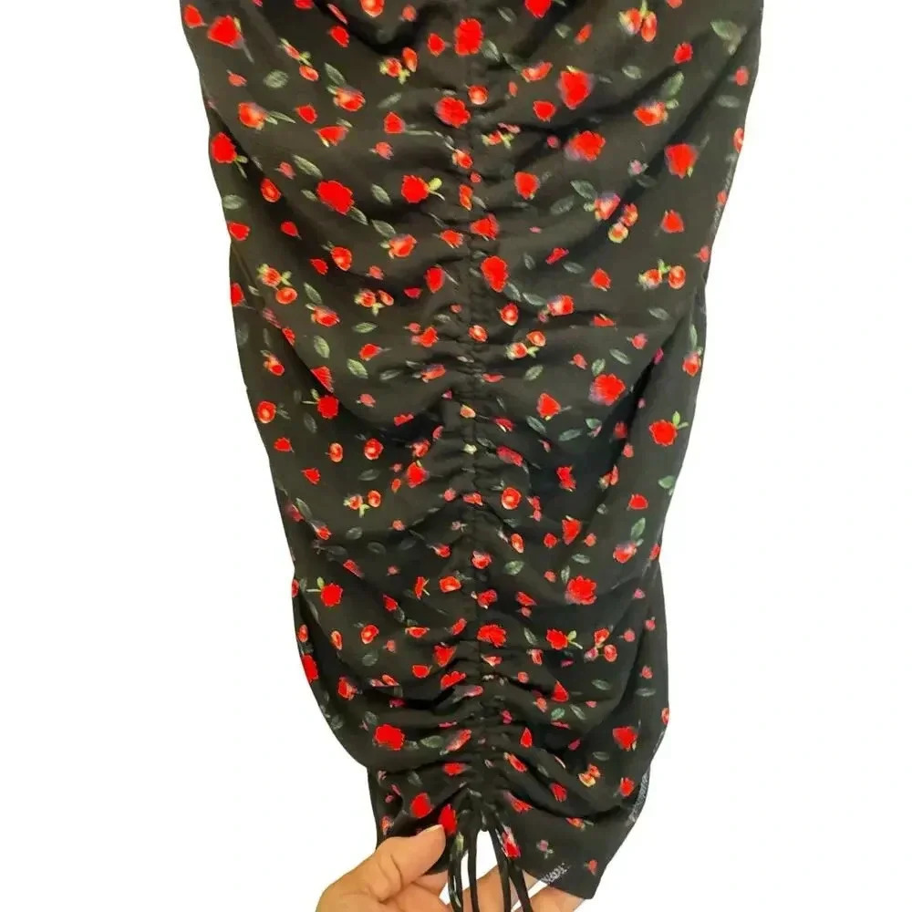 NWT All in Favor Ruched the Shoulder Mini dress Black with Red Rose Print. SZ SM - Picture 9 of 10